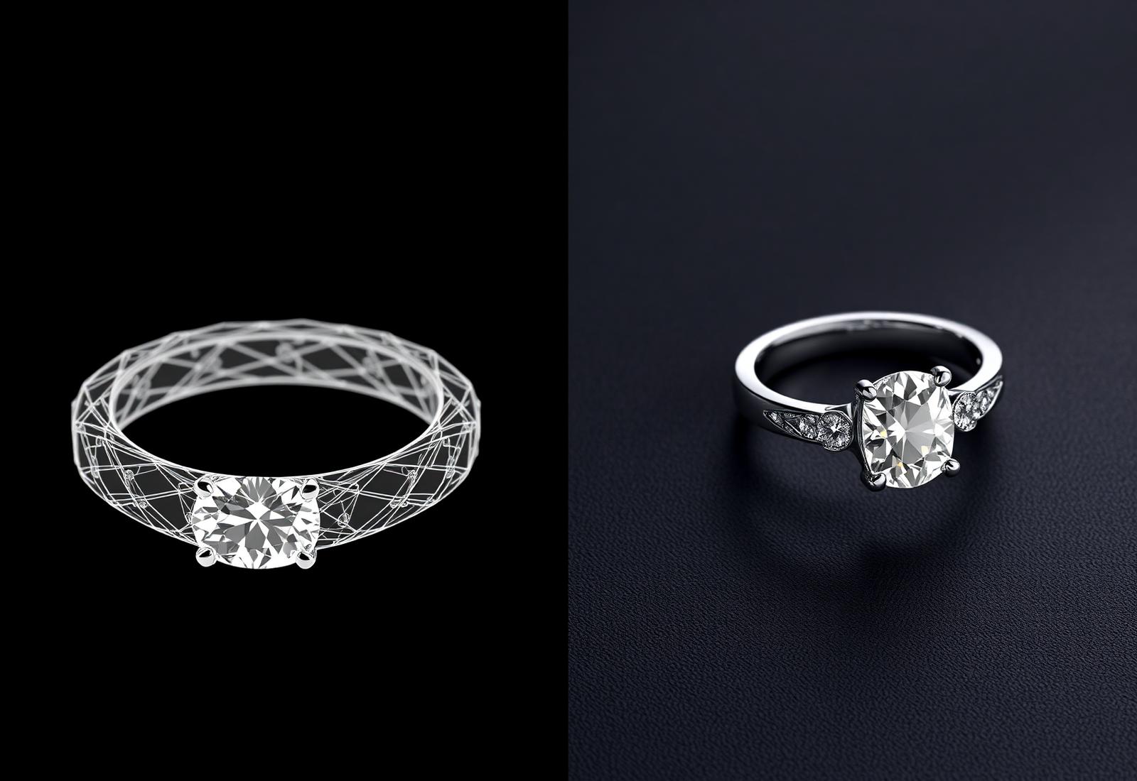 CAD render of a diamond ring beside the finished physical ring, Treasure Diamonds bespoke jewellery