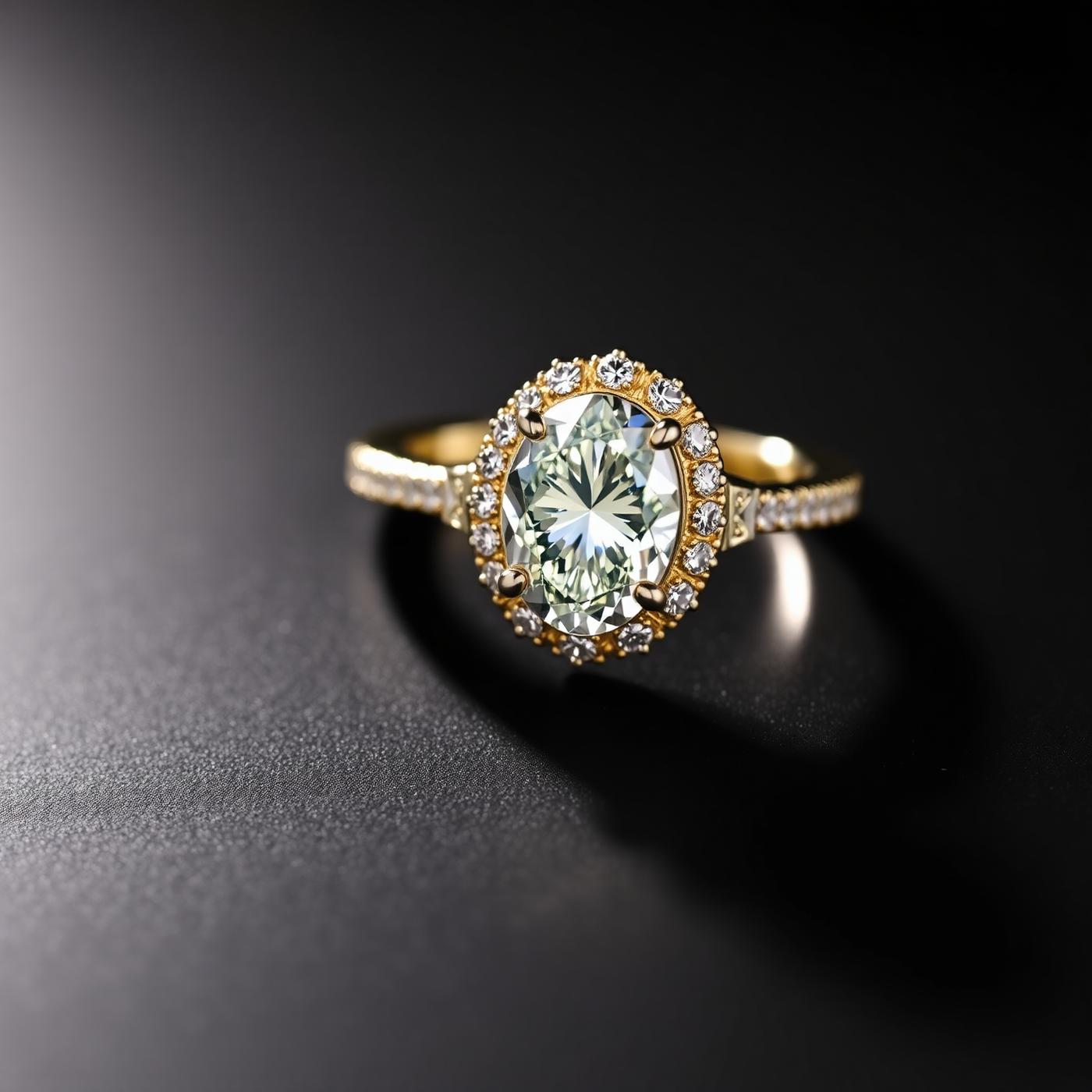 Luxury macro image of a halo diamond engagement ring sparkling under soft studio lighting
